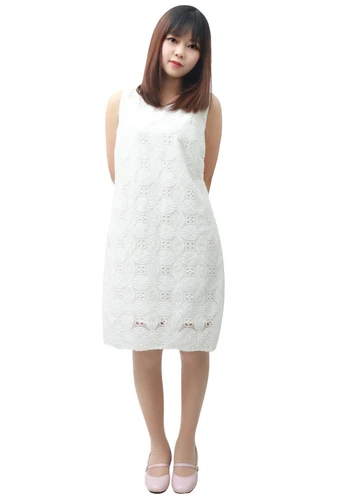 DAZCOS Women's Floral Print Sleeveless  Lace Round Collar Short Dress White