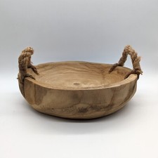 Wooden bowl handmade with rope handles 12" decorative