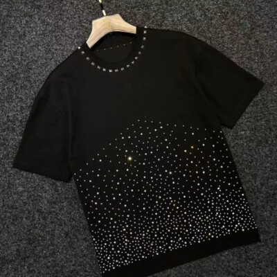 Fashion Trend Rivet Rhinestones Diamonds Summer Short Sleeve Luxury Men T-Shirt