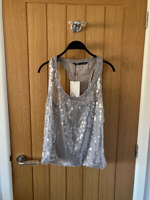 BNWT ZARA Silver Sequin Top Size S UK