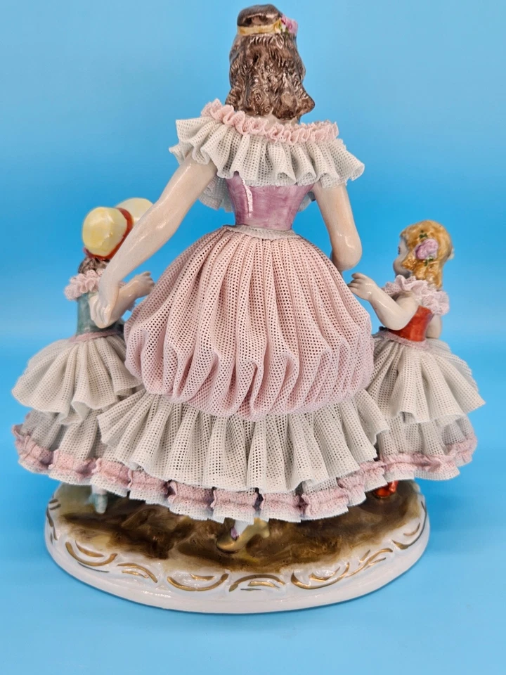 Antique Willi Rittirsch German Dresden Porcelain Lace Figural Group w/ Goat Kids - Image 2 of 4