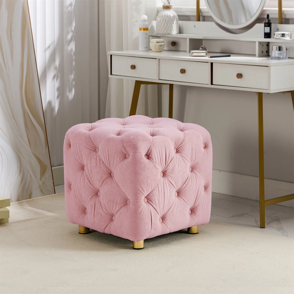 Square Velvet Footrest Stool Ottoman, Upholstered Vanity Chair Pouffe Bedroom US - Image 3 of 4