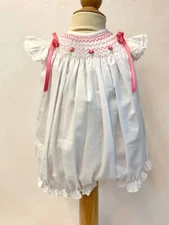Will'beth Smocked Newborn Infant Baby Girl White/Pink Bubble Ribbons NWT 3M