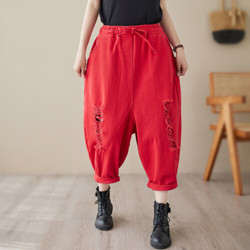 Pantaloni Moda Donna Jeans Alla Caviglia Denim Vita Elastica Strappati Effetti Analizzati - Foto 14 di 18