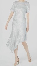 $295 Adrianna Papell Women's Silver Sequin Asymmetric Hem Midi Dress Size 4