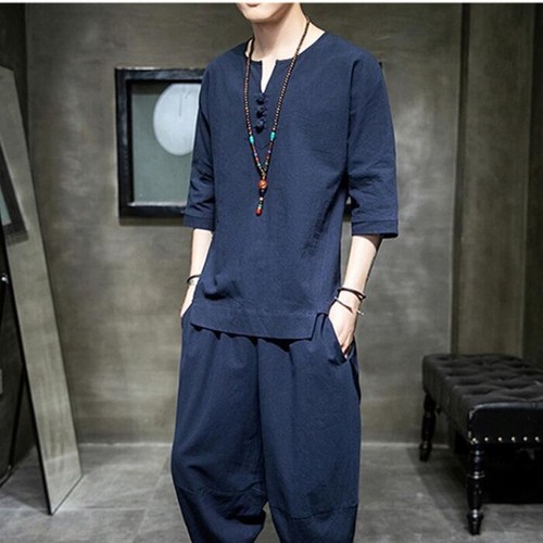 Japanese Style Suits Short-Sleeved T-shirt Pants Two Piece Men Tops Trousers - Picture 7 of 22