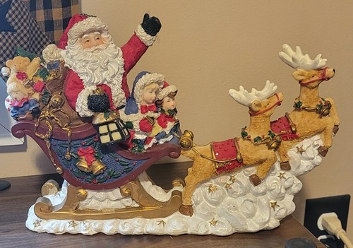 Santa On His Sleigh Reindeer Holiday Style Musical Figurine, 14" Long -Works - Picture 4 of 10