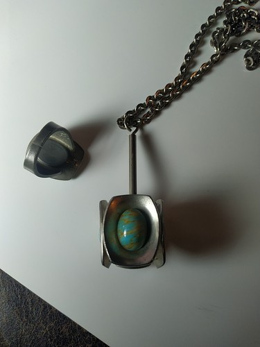 Jorgen Jensen Pewter Turquoise Pendant Necklace Ring Set Denmark MCM - Picture 7 of 7