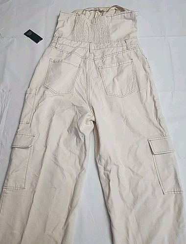 Wild Fable Denim Cargo Wide Leg Tube Jumpsuit, Cream, Size Large - Picture 2 of 3