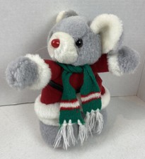 Vintage Santa Mouse Plush Stuffed Christmas 9" Scarf Gray Hard Plastic Nose