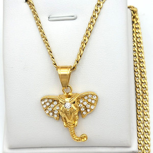 Authentic Stainless Steel & Gold Plated CZ Elephant Good Luck Symbol Pendant Necklace