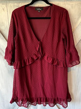 LULU'S Wine Red Swiss Dot Ruffled Mini Dress Women's Medium Burgundy Fall Winter