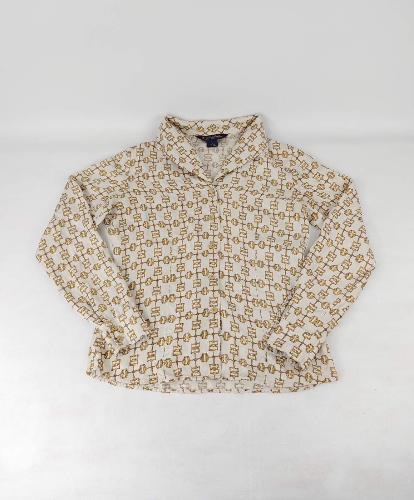 Brooks Brothers horsebit pattern 100% Silk Women's Button Down Blouse Size 4