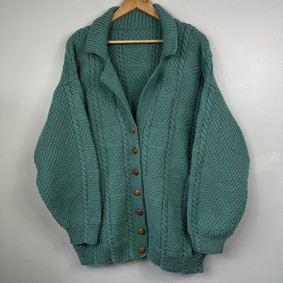 Vintage Zopfmuster Pullover Strickjacke, Aran Fisherman, grün, Unisex, Herren XL