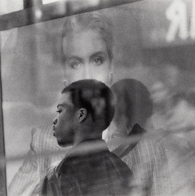 NYC Street Reflections with Portrait Poster Overlay   1985 Gelatin Silver Print
