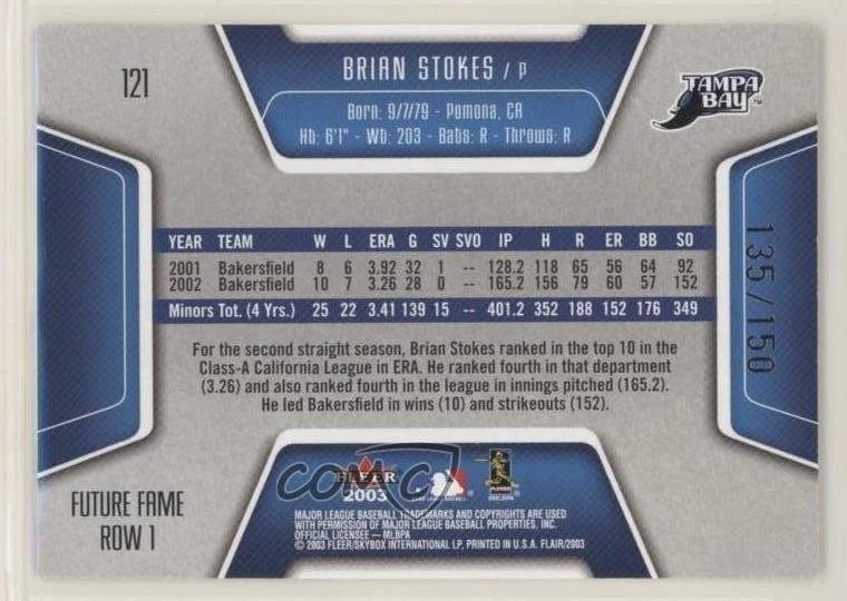 2003 Flair Row 1 /150 Brian Stokes #121 Rookie RC - Image 2 of 2