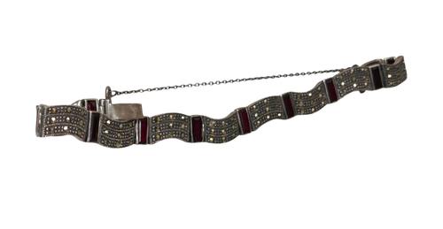 Pulsera Art Deco de plata de ley 925 con marcasita y vidrio rojo de 7" - Imagen 9 de 14