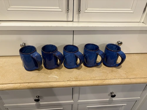 Vintage Pittsfield Potters Vermont Blue Redware Pottery Coffee Mugs Set Of 5