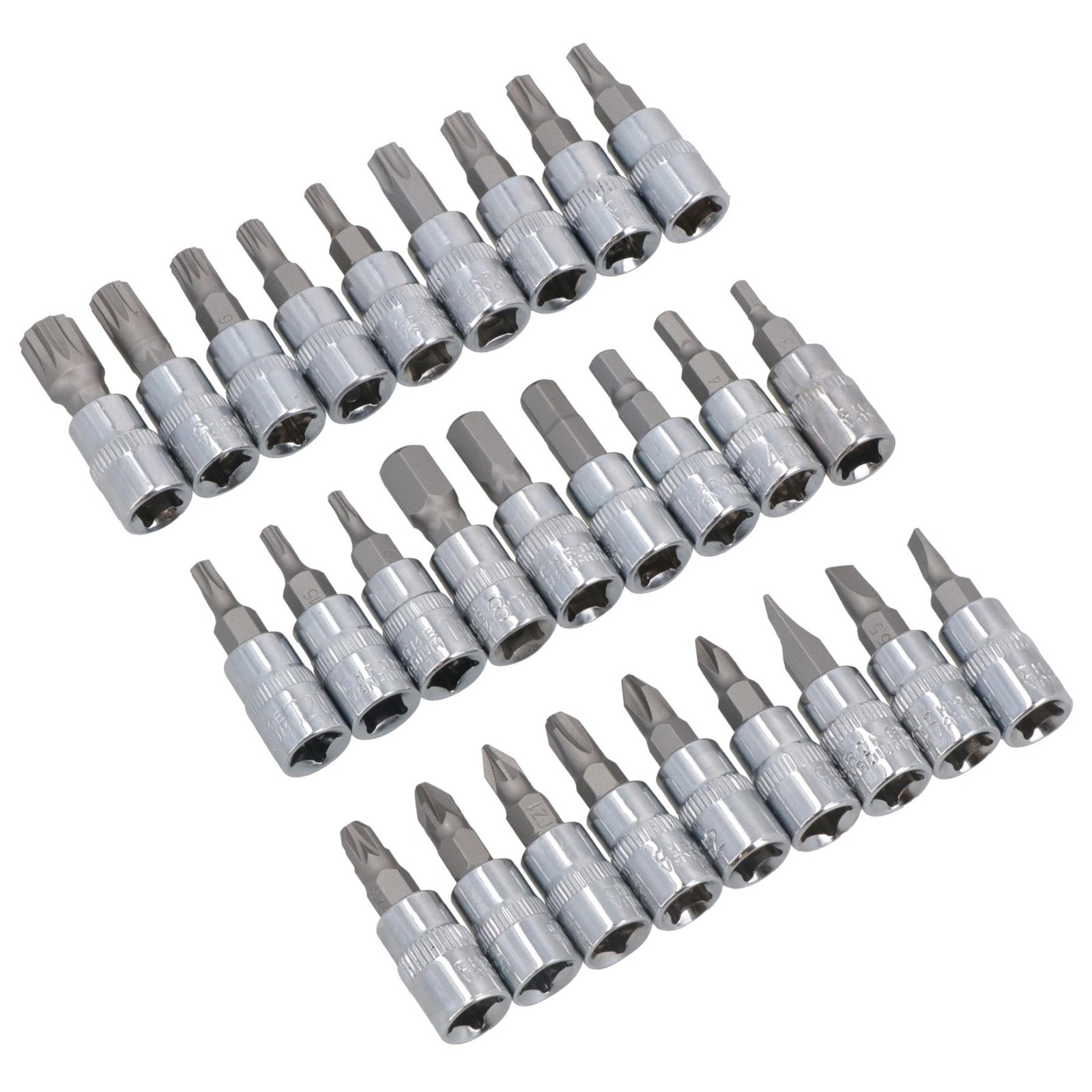 1/4in. Drive Mixed Bit Sockets Hex Torx Spline Pozi Phillips Flat 38mm Long 27pc