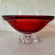Czech Republic Bohemia Crystalite Red Pedestal Bowl Magma + Clear Crystal Glass