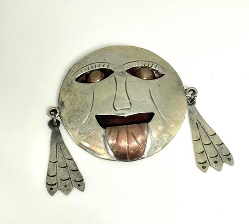 Handcrafted Taxco Mixed Metal Face Mask Brooch/Pin Sterling Silver With Copper