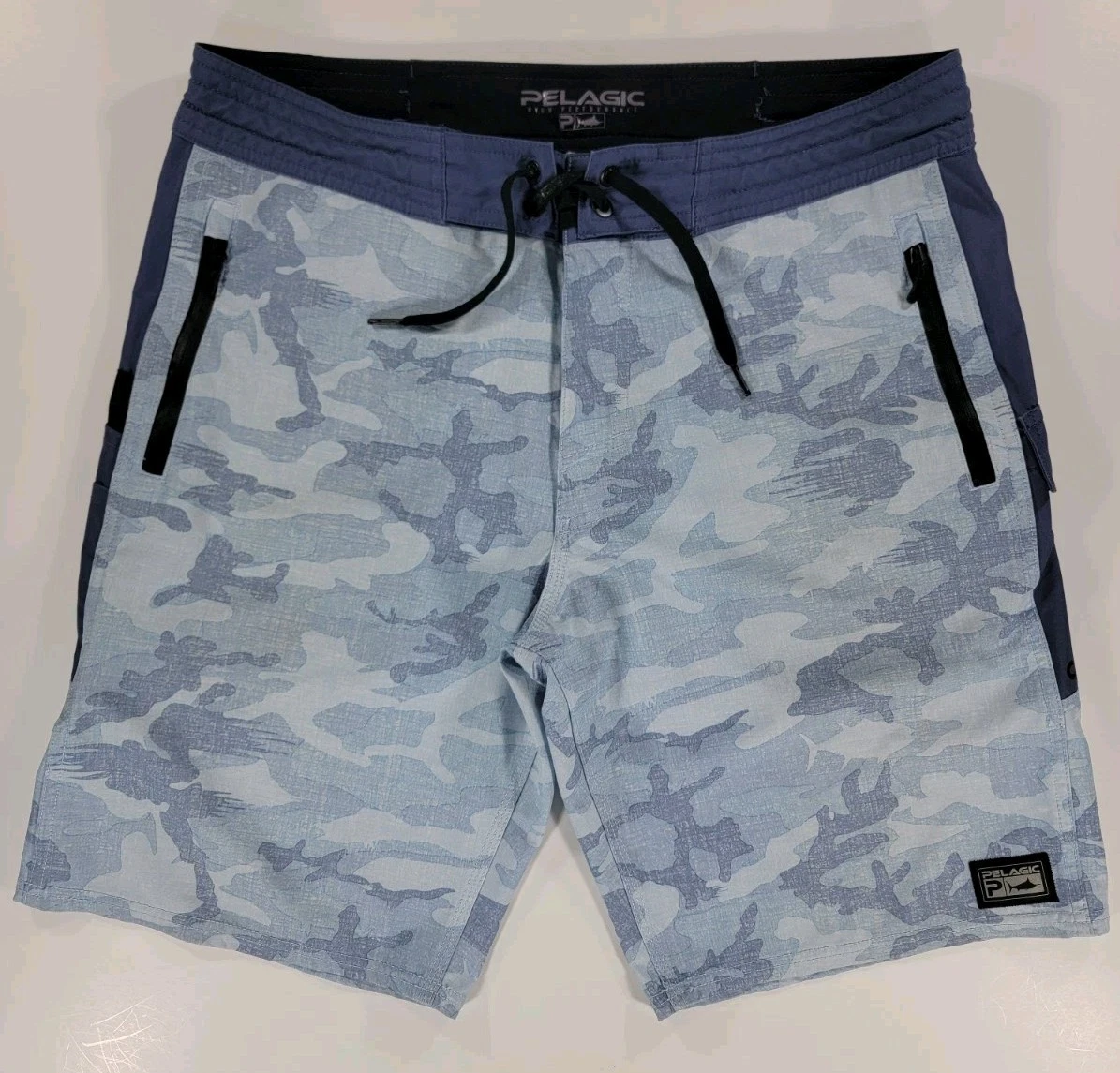 Pelagic High Performance Board Shorts Mens 32 Camo Fish Swim Beach Blue Stretch