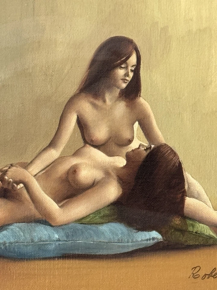 ROBERTO LUPETTI ANTIQUE FIGURATIVE LESBIAN WOMAN OIL PAINTING VINTAGE GAY LOVERS - Image 2 of 4