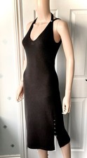 CHANEL VINTAGE KNITTED CC-FRONT EMBELLISHED&BUTTON LITTLE BLACK DRESS,sz-38