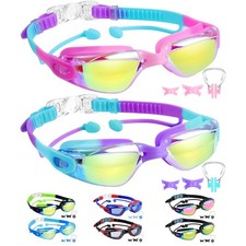 Kids Swim Goggles, Earplugs, Nose Clip, Anti-Fog, UV, Ages 3-15, Boys, Girls
