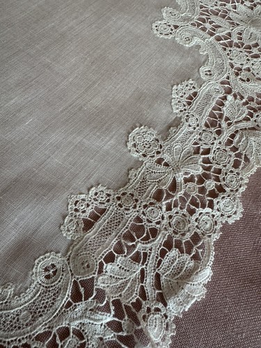 14” Antique White Handmade Linen & Lace Wedding Handkerchief - Picture 6 of 11