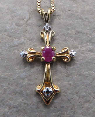 Pink Ruby Yellow Gold on Sterling Silver Cross Pendant Box Chain Necklace #141