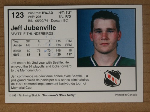AUTOGRAPH - Jeff Jubenville 7th Inning Sketch #123 Seattle Thunderbirds 1991 WHL - Picture 2 of 2