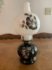Vintage Milk Glass Brass & Black Glass Hurrican Style Oil Lamp With Gold Flowers