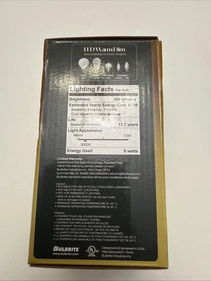 Bulbrite 776400 Fully Dimmable LED warm Dim Light Bulb E26 9W - Image 2 of 4