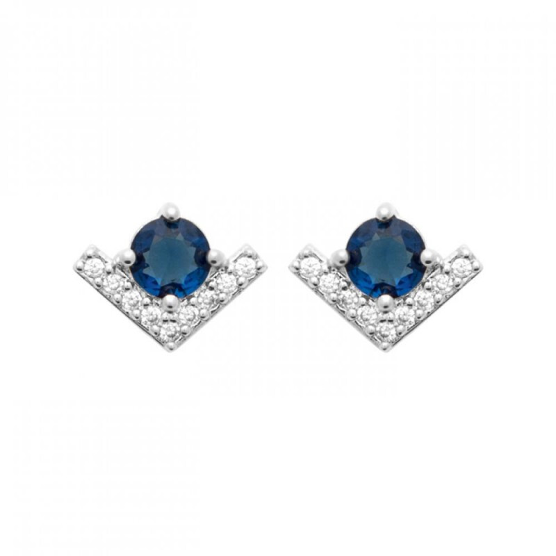 Boucles d'oreilles puces V argent 925 rhodié femme avec strass zirconium brillant
