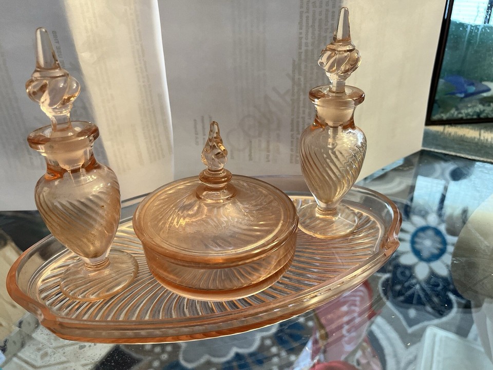 Vintage Tiffin Depression Glass Milady Pink Peach Vanity Set & Tray 7