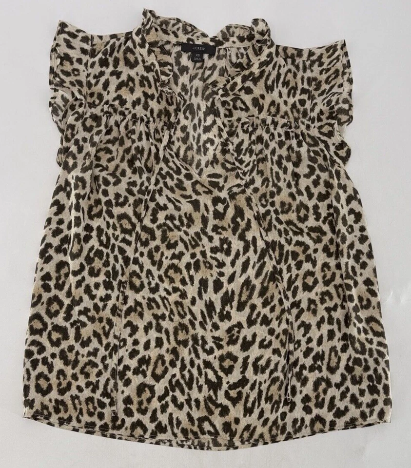 Blusa para mujer J.Crew con volantes cuello atado chifón estampado de leopardo talla XS oficina carrera Foto 3 de 4