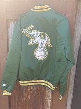VINTAGE 90's OAKLAND A'S ATHLETICS STARTER SATIN BOMBER JACKET BACK HIT L