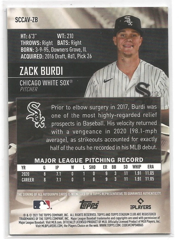 2021 Topps Stadium Club Chrome Baseball Zack Burdi Rookie Auto #SCCA-ZB - Image 2 of 2