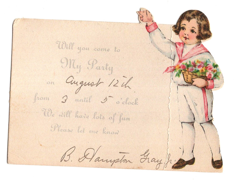 DIECUT INVITATION PLEASE COME TO MY PARTY/LITTLE GIRL FLOWERS/CHAS S CLARK Co NY