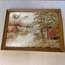 Beautiful Vintage Japanese Silk Embroidered Landscape Artwork Mt Fuji 13.5" X 18