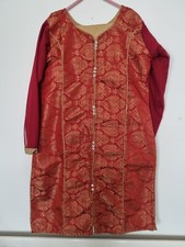 Indian Ladies Kamez Shalwar Scarf Set, Medium 38/40 Red/Gold Embroidered Katan