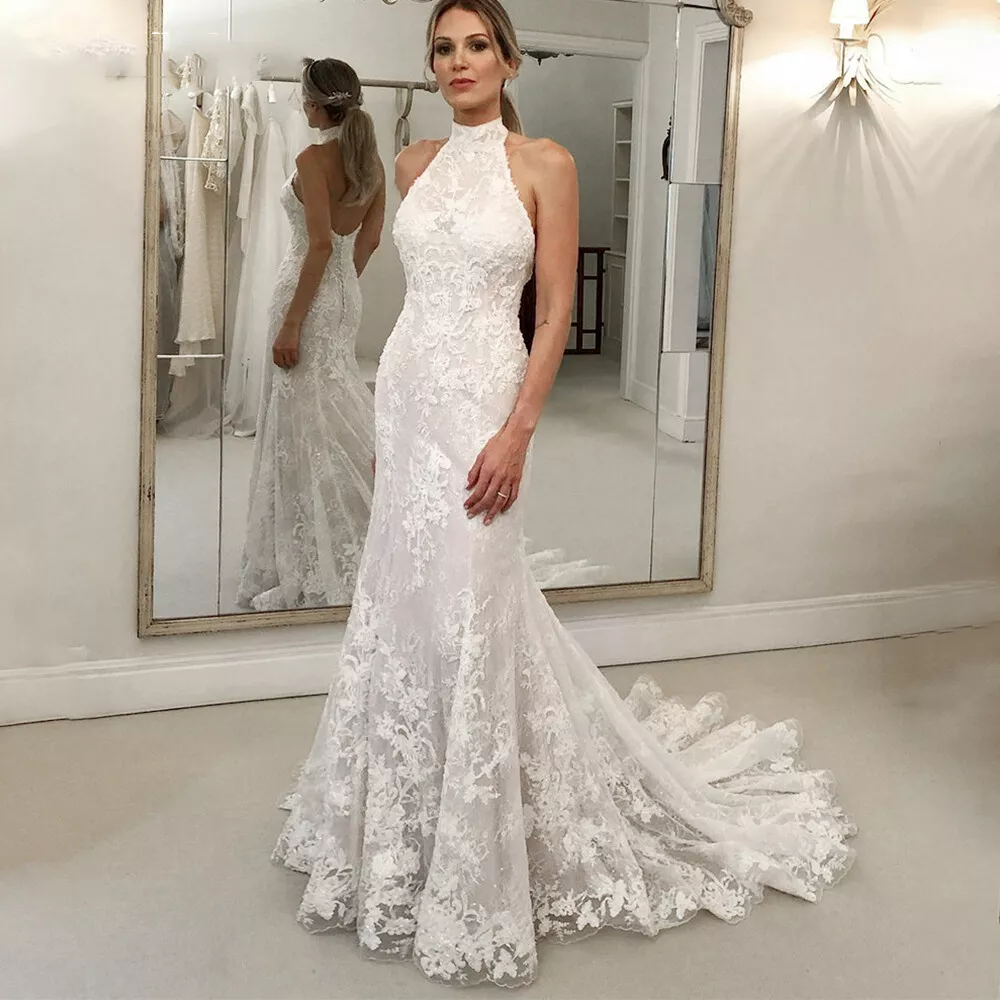 Beach Mermaid Wedding Dresses with Train Halter Neck Backless