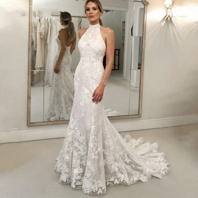 lace halter wedding dress Vintage Style Halter Neck Satin Lace Modest Drop Wasit Wedding Dress, –  Shindig Threads main image 1