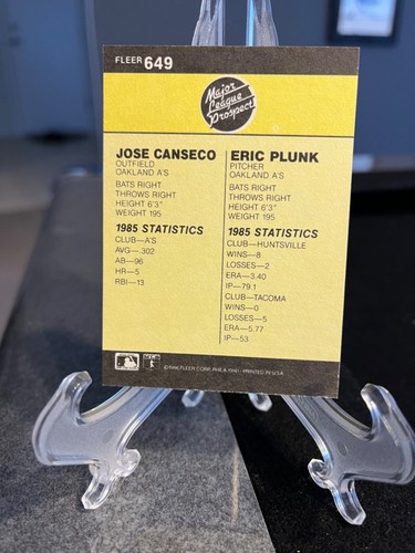 Jose Canseco / Eric Plunk 1986 Fleer MLB Prospects #649 - Oakland A's - Picture 2 of 2