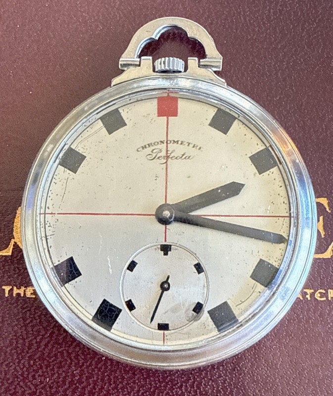 Swiss Art Deco Chrome Chronometre Perfecta Red and Black Pocket Watch  1930’s