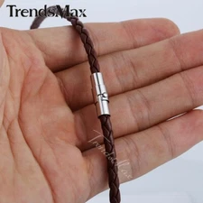 4mm 16-24" Men Brown Braided Cord Rope Man-made Leather Choker Necklace Magnetic