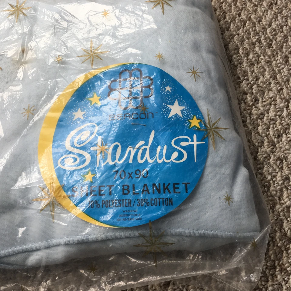 Vintage Beacon Blanket 70"x90" Blue Polyester Cosmic Atomic Print Stardust Thin - Image 3 of 4