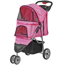 3 Wheels Compact Dog Stroller Pet Travel Carriage with Storage Basket Pink