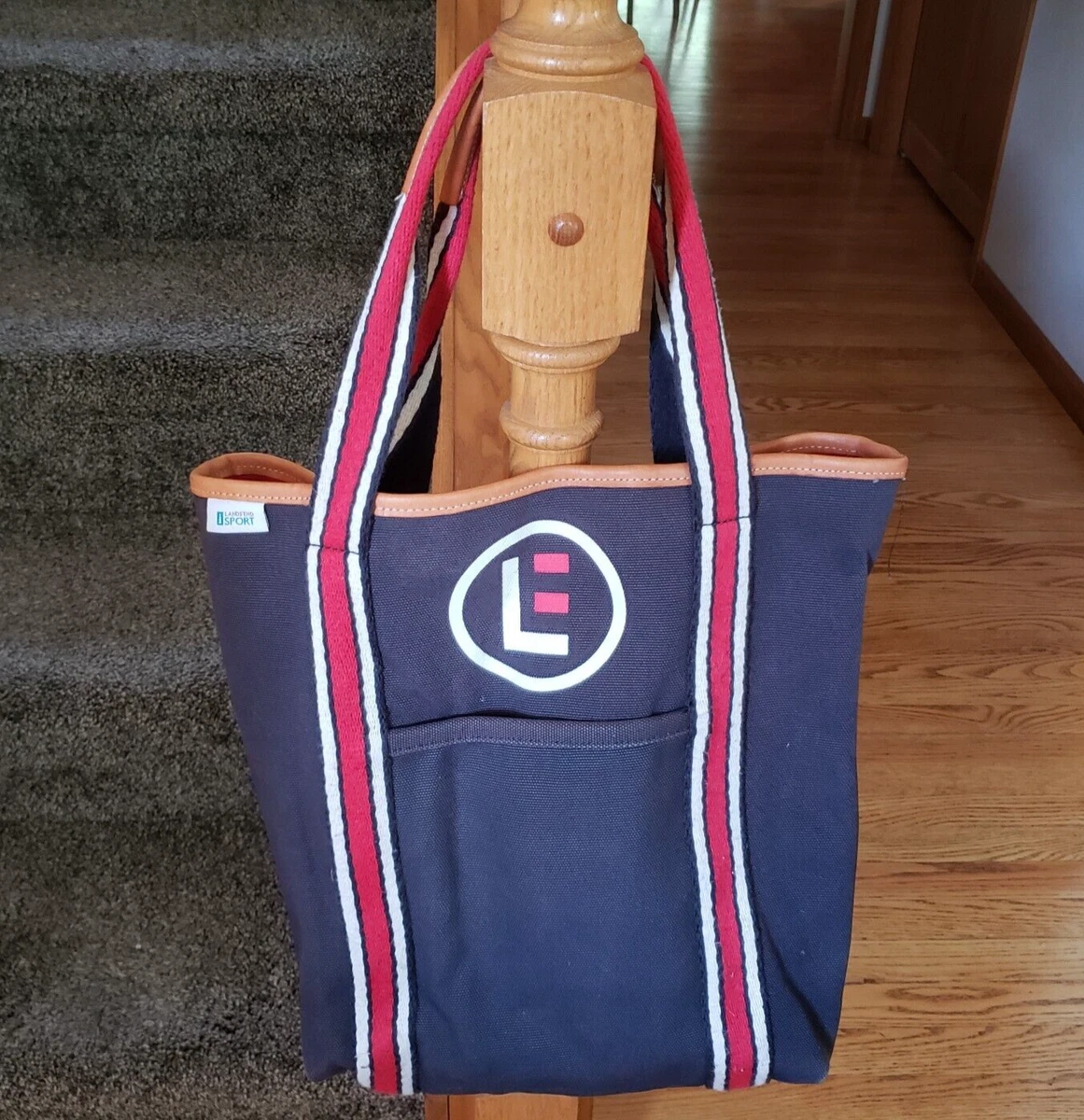 Lands End Sport Tall Medium Open Top Canvas Tote Bag Blue Red Tan